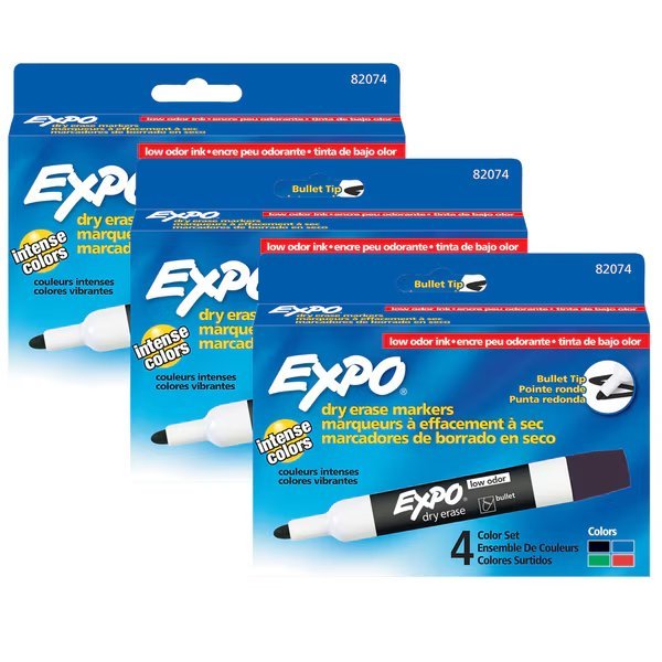 Low Odor Dry Erase Markers, Bullet Tip, Assorted Colors, 4/Pk, PK3, Expo, Mfr#: 82074